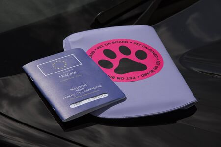 European Union pets passport and pet on board sticker used when traveling between countries with...