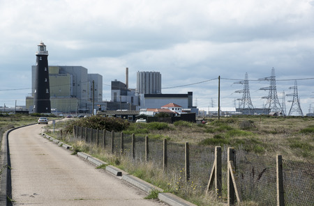 Dungeness Nuclear Power stations A and B with the old lighthouse at Dungeness Kent SE England UKの写真素材