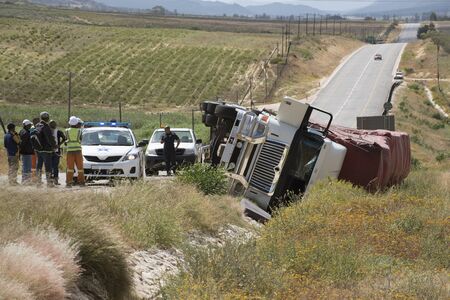 Overturned lorry on the Cape Namibia route at Citrusdal north of Cape Town South Africaのeditorial素材