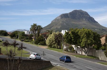 Helderberg Mountain overlooking Somerset West houses South Africaの写真素材