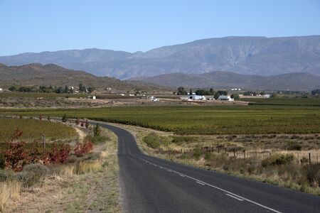NUY VALLEY WORCESTER WESTERN CAPE SOUTH AFRICA - APRIL 2016 - Road taking a scenic route passing vineyards and farms of the Nuy Valley near Worcester in the Western Cape Southern Africaのeditorial素材
