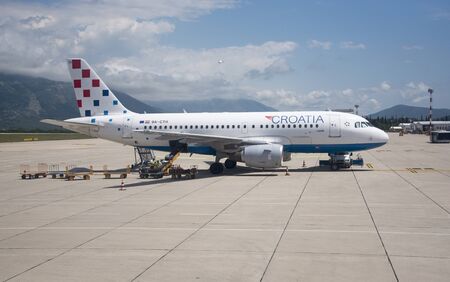 DUBROVNIK INTERNATIONAL AIRPORT COATIA - MAY 2016 - A Croatia Airlines jet on the apron at Dubrovenik Airportのeditorial素材