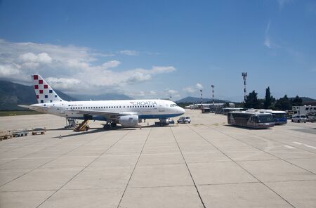 DUBROVNIK INTERNATIONAL AIRPORT COATIA - MAY 2016 - A Croatia Airlines jet on the apron at Dubrovenik Airportのeditorial素材