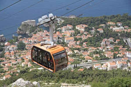 OLD TOWN DUBROVNIK CROATIA - MAY 2016 - An overview from Mount Syd of the  Old Town of Dubrovnik and a cable car underway to the summitのeditorial素材