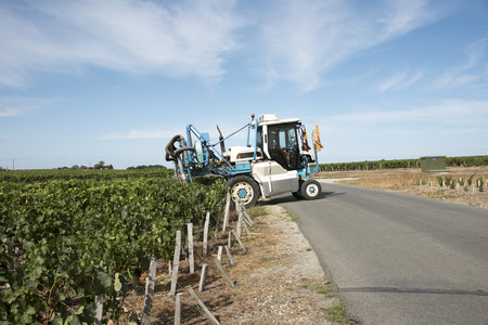 Saint Estephe Medoc France August 2016 - A straddle tractor used for spraying vines in the St...