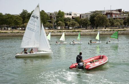 Sailing school in La Rochelle southwest France - August 2016 - Young people learning to sail in the harbor at La Rochelle a seaport on the Atlantic coastのeditorial素材