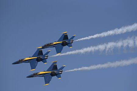 NAS Pensacola Florida USA - October 2016 -  Blue Angels FA 18 Hornet jets in flight over their...