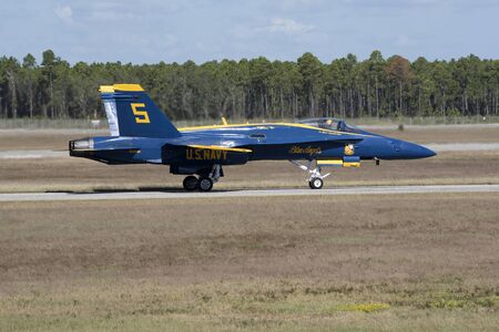 NAS Pensacola Florida USA - October 2016 -  Blue Angels FA 18 Hornet jet prepare for take off at...