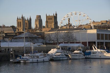 Bordeaux Quay and backdrop of Bristol Cathedral on the floating harbour. Bristol England UKのeditorial素材