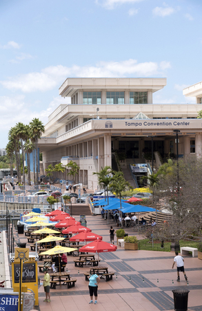 Tampa Convention Center tables with umbrellas on the waterfront in Tampa Florida USA. April 2017のeditorial素材