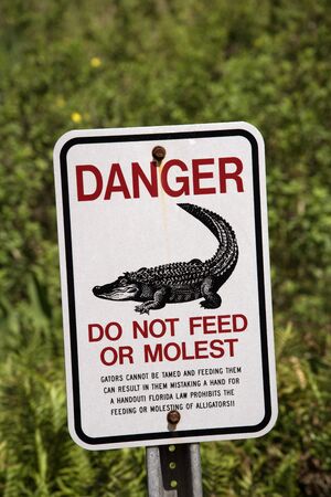 Aligator danger and warning sign Florida USA April 2017 Do not feed or molest gators.の写真素材