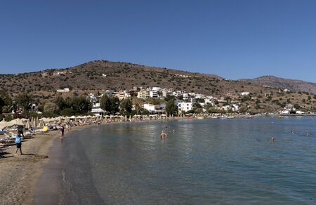 The beach at Elounda on the Gulf of Mirabello, northern Crete, Greece. October 2017のeditorial素材