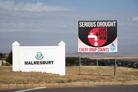 Roadside sign warning of a serious drought situation in Malmesbury a town in the Karoo region of...