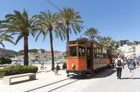 Port de Soller, Mallorca, Spain. April 2018. Vintage tram on the seafront at Port Soller.