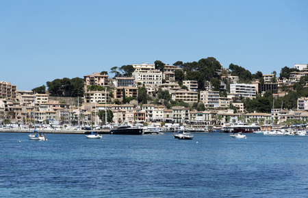 Port de Soller, Mallorca, Balearic Island, Spain. 2018. The seafront and harbour at Port de Soller a popular holiday resort in Mallorca.のeditorial素材