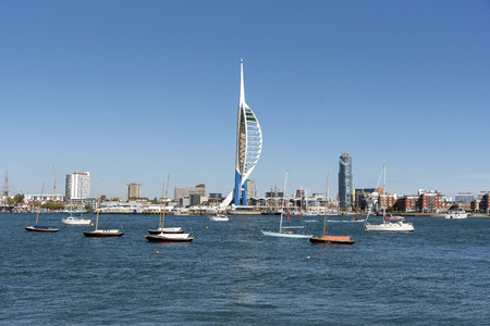 Waterfront of Portsmouth, viewed acroos the Harbour from Gosport, Hampshire UKのeditorial素材