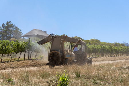 The Waterkloof Wine Estate in Somerset West, Western Cape, South Africa. Tractor at work spraying the vines during summer.のeditorial素材