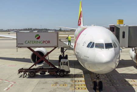 Lisbon International Airport, Portugal, Europe. Circa 2017. A Cateringpor company truck with food...