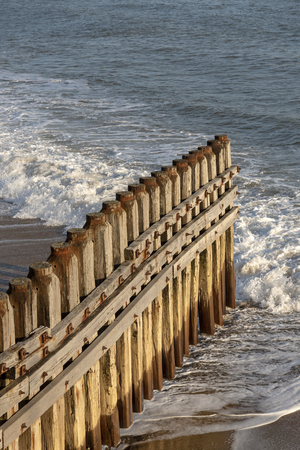 Wooden breakwater structure driven into a sandy beach  on the southern English coastの写真素材