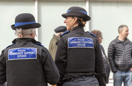 Salisbury, Wiltshire, UK, March 2019. Police community support officers on duty in the city centreのeditorial素材