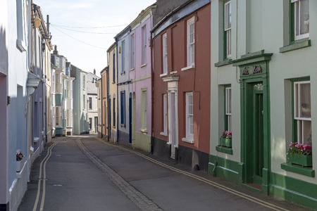 Appledore, North devon, England, UK. February 2019. Very narrow street of terraced homes in this popular seaside Devonshire town in winterのeditorial素材