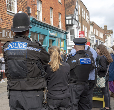 Salisbury, Wiltshire, UK, March 2019. Police community support officers on duty in the city centre