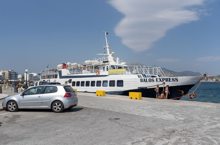Ierepetra, Crete, Greece. June 2019. A ferry the Balos Express which sails to Chrissi Island berthed in the harbour at Ierepetraのeditorial素材