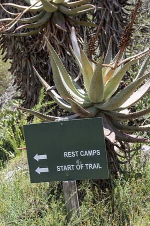 Swellendam, Western Cape, South Africa, December 2019. Walking trail and directional sign post on Aloe Hill Bontebok Park, on the Garden Route.のeditorial素材