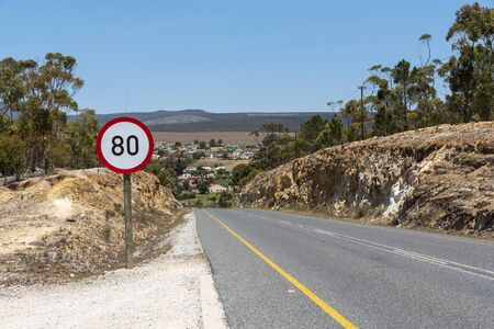 Napier, Overberg region, South Africa. 2019. Speed limit roadside sign approaching Napier a small town in the Overberg region of South Africa.の写真素材