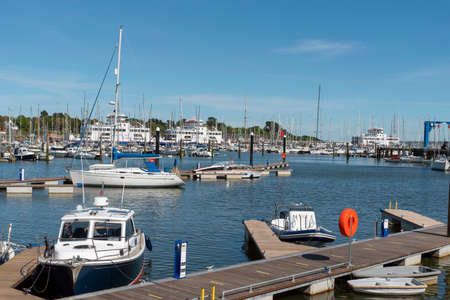 Lymington, England, UK. May 2020.  Berthing pontoon and small boats at the Town Quay, Lymington, Hampshire, England UKのeditorial素材