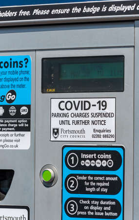 Southsea, Portsmouth, England, UK. 26 May 2020. Covid-19 notice on parking ticket machine. Parking...