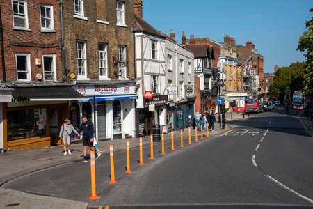 Windsor, Berkshire, England, UK. 2020.  Social distancing traffic cones along the main street of...