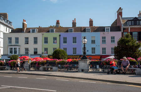 Margate, Kent, England UK. 2020. Old town Margate with colourful housing, cafes and floral decoration.のeditorial素材