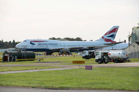 Kemble, Gloucestershire, England, UK. 2020. British Airways 747 retired passenger jet aircraft  waits to be dismantled and recycled on a Gloucestershire airfield.のeditorial素材