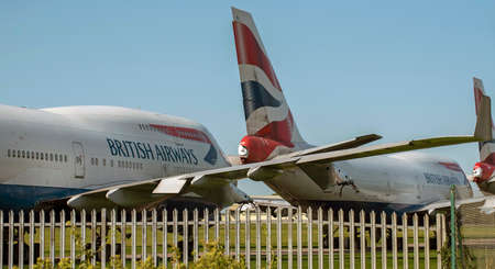 Kemble, Gloucestershire, England, UK. 2020. British Airways 747 aircraft line up for disassembly at Cotswold Airport due to Covid epidemic.のeditorial素材