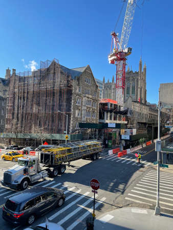 Morningside Heights, Manhattan, New York. March 2021. A truck and building components waits for a...