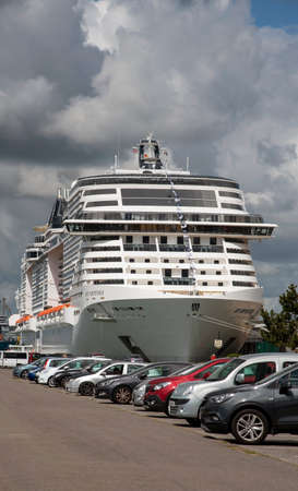 Southampton, England, UK. 2021. Cruise ship MSC Virtuosa berthed and seen from Mayflower Park,...