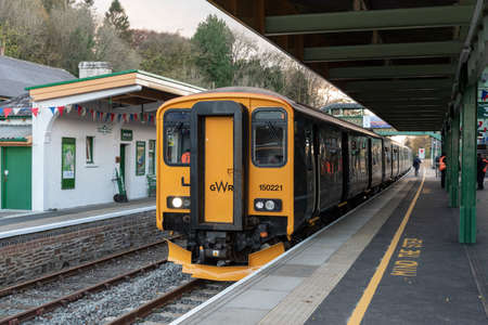 Okehampton, Devon, England, UK. 2021.  The Dartmoor Line passenger railway train at Okehampton...
