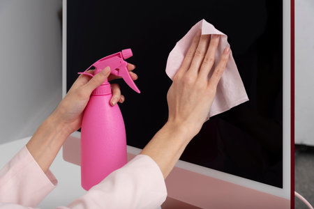 Wiltshire, England, UK. 2021.  Woman's hands using a spay bottle and cloth to clean and sanitise a computer screen.の写真素材