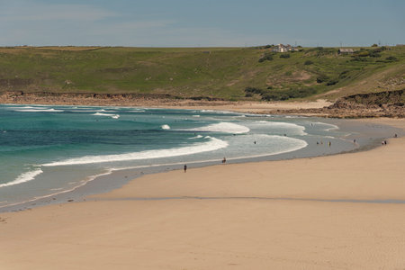 Sennen Cove, Cornwall, England, UK. 2022. Sandy beach at Sennen Cove near St Ives, Cornwall. A popular holiday resort.のeditorial素材