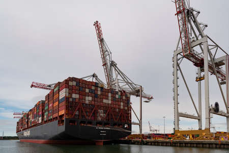 Port of Southampton, England, UK. 2022.  The Al Dahna Express container ship alongside the DP World...