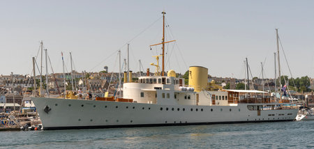 Falmouth, Cornwall, England, UK. 2022.  Renovated classic motor yacht Marala with steel hull in Falmouth Harbour, Cornwall, England, UK.の写真素材