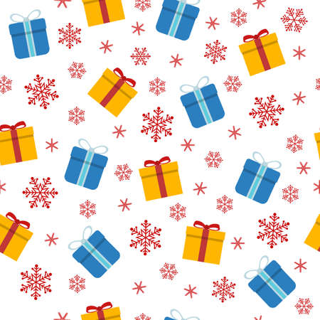 Christmas holiday gift boxes and red snowflake seamless pattern on white backgroundのイラスト素材