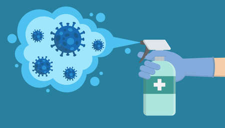 Illustrations concept Covid-19 coronavirus disinfectant , kill Virus with alcohol sprayのイラスト素材