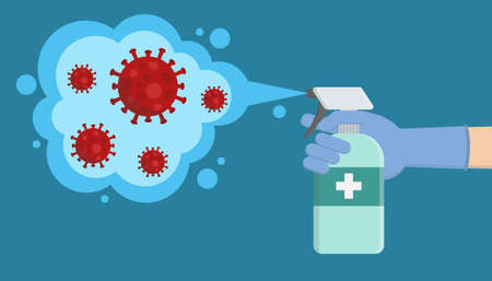 Illustrations concept Covid-19 coronavirus disinfectant , kill Virus with alcohol sprayのイラスト素材