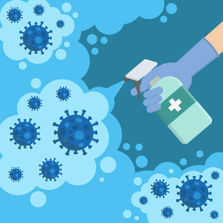 Illustrations concept Covid-19 coronavirus disinfectant , kill Virus with alcohol sprayのイラスト素材