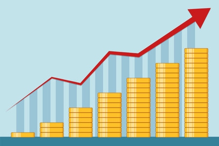 Stack of Gold Coins with growing bar graph. Flat design Illustrations.のイラスト素材