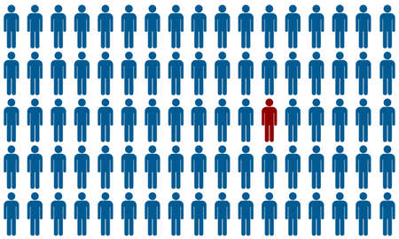Unique person in the crowd, Red color figures among crowd. Illustrations 3dのイラスト素材