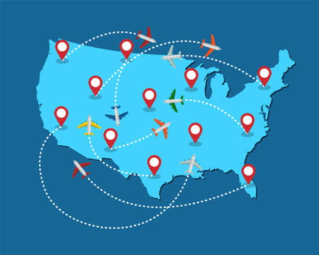 Planes routes flying over United States map, tourism and travel concept Illustrationsのイラスト素材