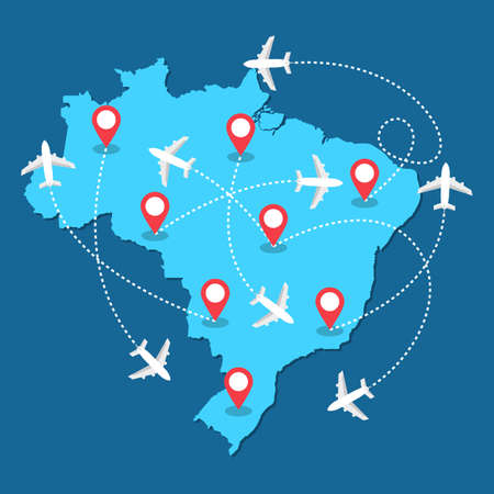 Planes routes flying over Brazil map, tourism and travel concept Illustrationsのイラスト素材